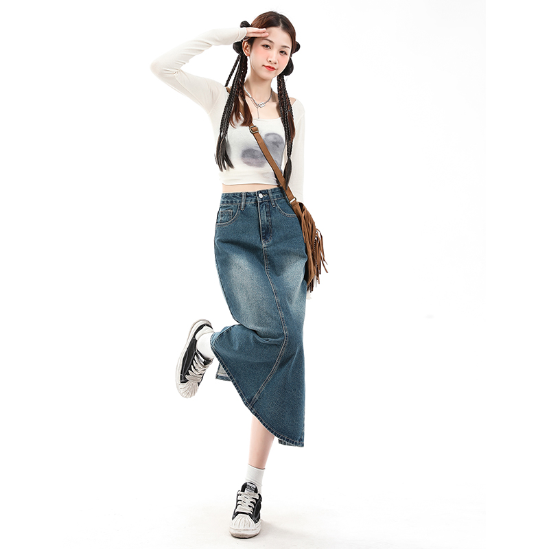 高腰包臀a字小众设计后开叉牛仔中长半身裙