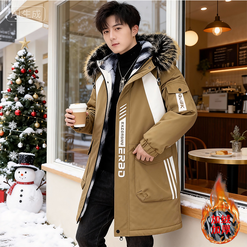 大毛领冬季男士中长款加绒加厚夹克外套青少年棉衣风衣棉服